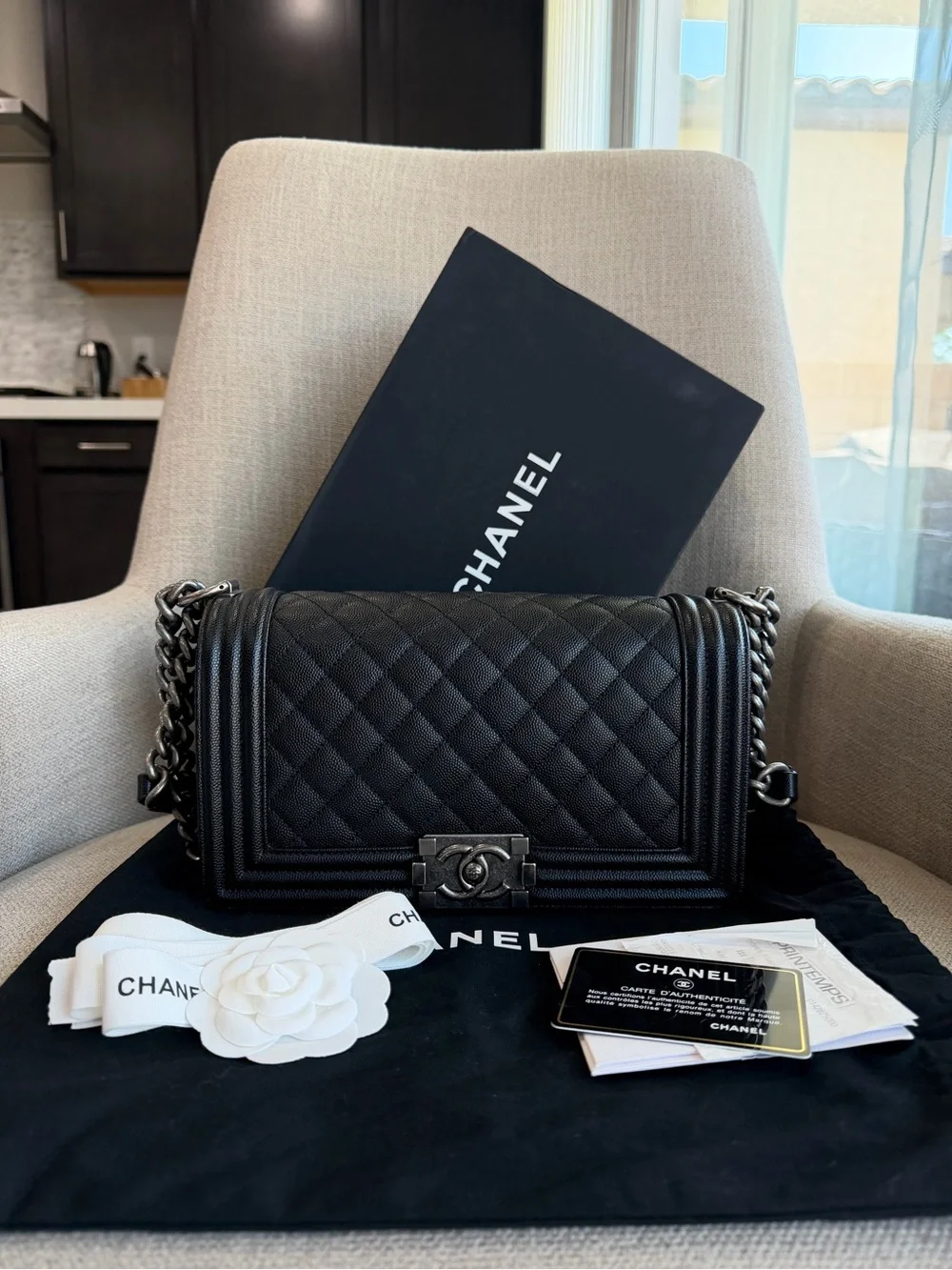 CHANEL Black Quilted Boy Shoulder Bag with Gunmetal Hardware